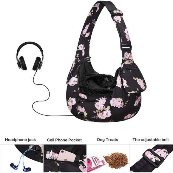 Dog Cat Sling Carrier, Pet Tote Bag Hands Free Adjustable Floral Black Pink - Picture 8 of 16